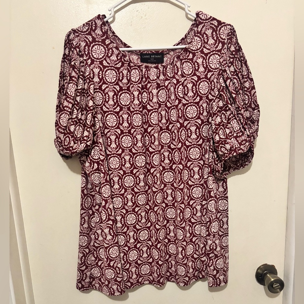 Lane Bryant Plus Burgundy and White Floral Medallion Puff-Sleeve Blouse 18/20